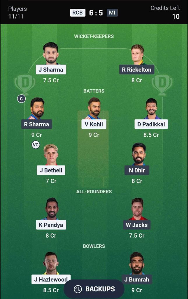 RCB vs MI IPL 2026 Match 54 Dream11 Team 3