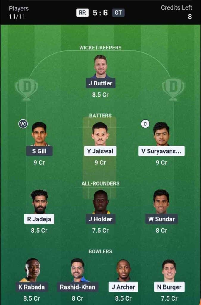 Dream11 Team for RR vs GT IPL 2026 Match 52