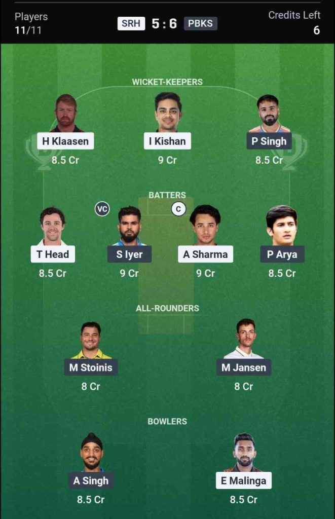 Dream11 Team for SRH vs PBKS IPL 2026 Match 49