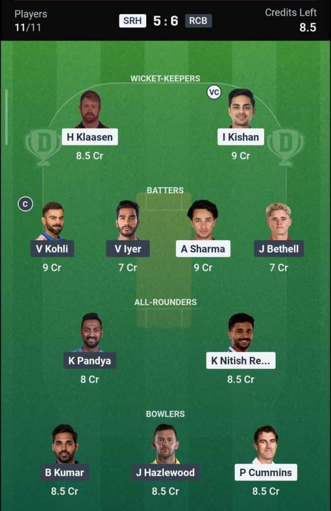 Dream11 Team for SRH vs RCB IPL 2026 Match 67