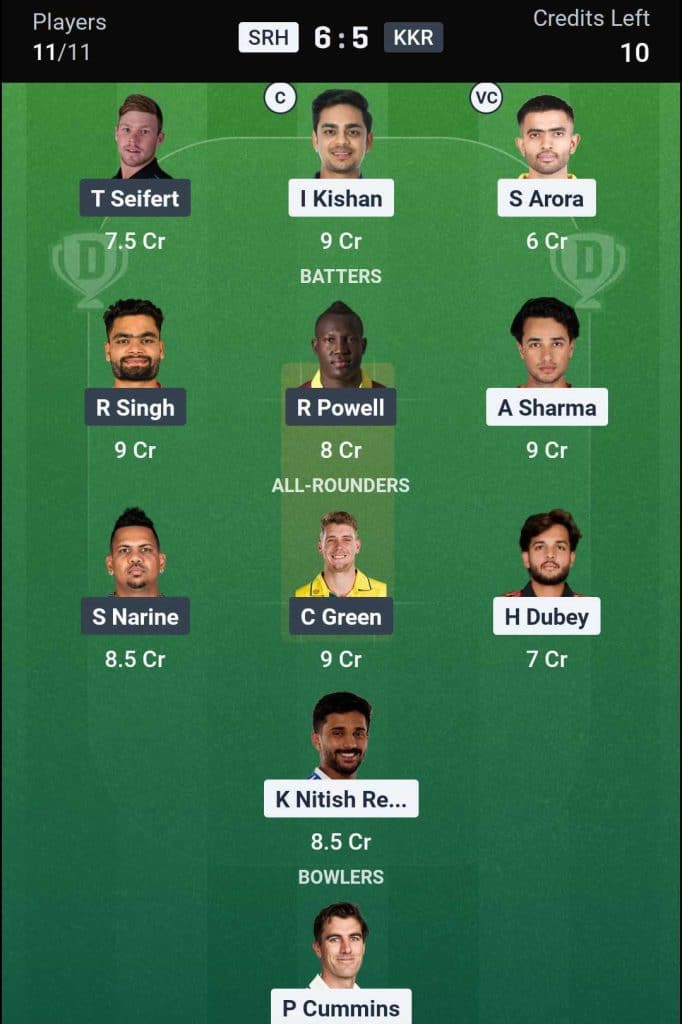 SRH vs KKR IPL 2026 Match 45 Dream11 Team 2