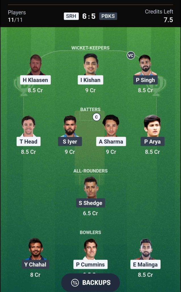 SRH vs PBKS IPL 2026 Match 49 Dream11 Team 3
