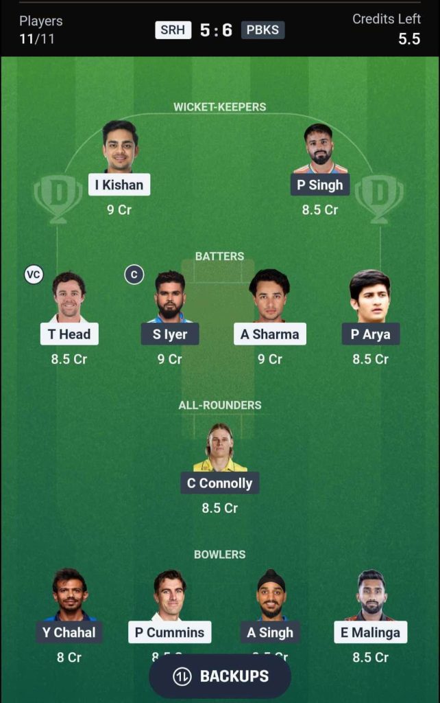SRH vs PBKS IPL 2026 Match 49 Dream11 Team 2