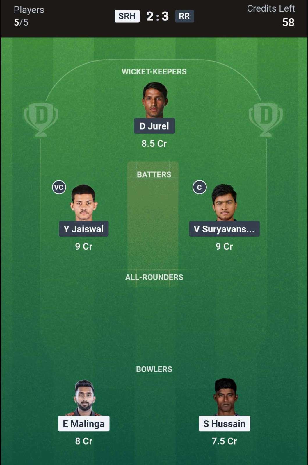 SRH vs RR Eliminator (2nd Innings) Dream11 Team 1 SRH vs RR Eliminator (2nd Innings) Dream11 Team 1