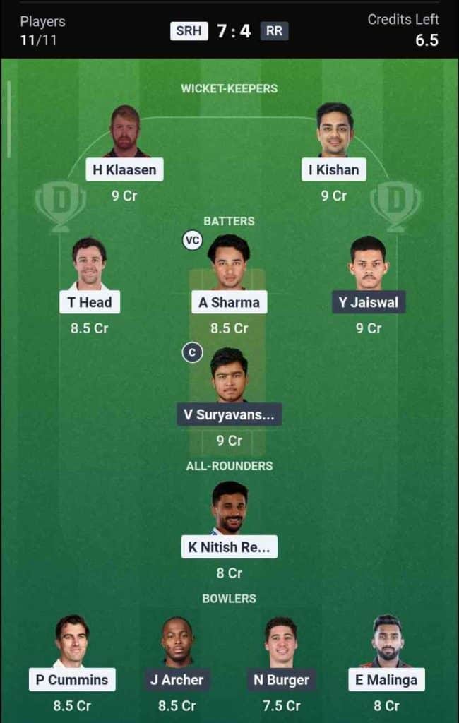 Dream11 Team for SRH vs RR IPL 2026 Eliminator Dream11 Team for SRH vs RR IPL 2026 Eliminator