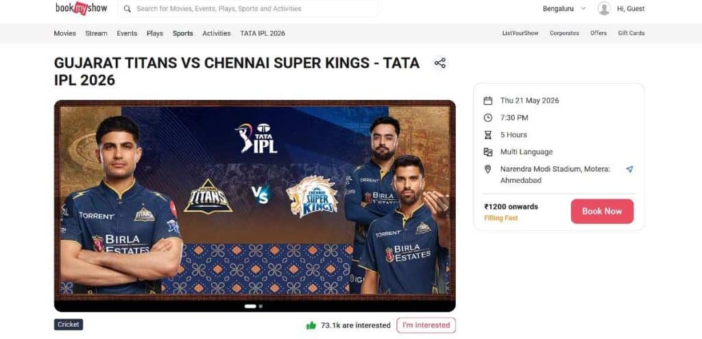 Step 1: GT vs CSK IPL 2026 Match 66 Ticket Booking Guide