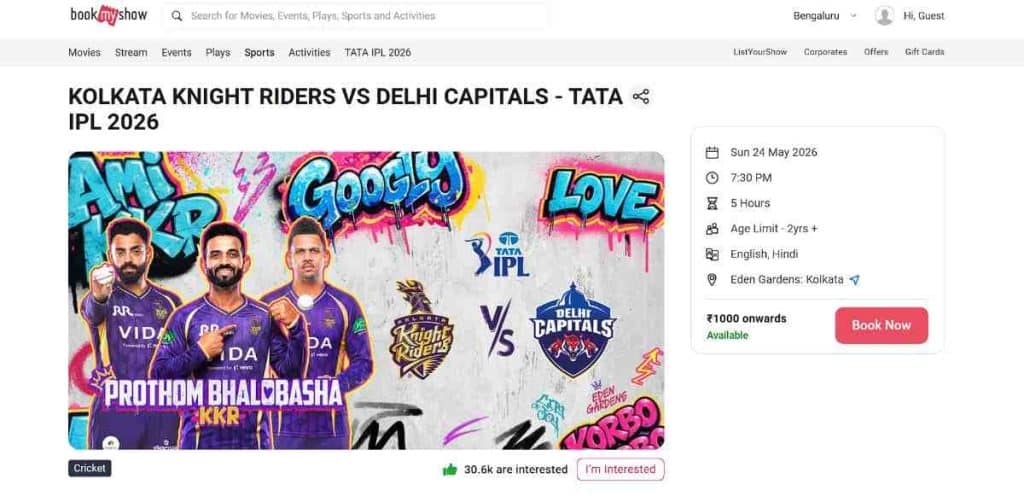 Step 1: KKR vs DC IPL 2026 Match 70 Ticket Booking Guide