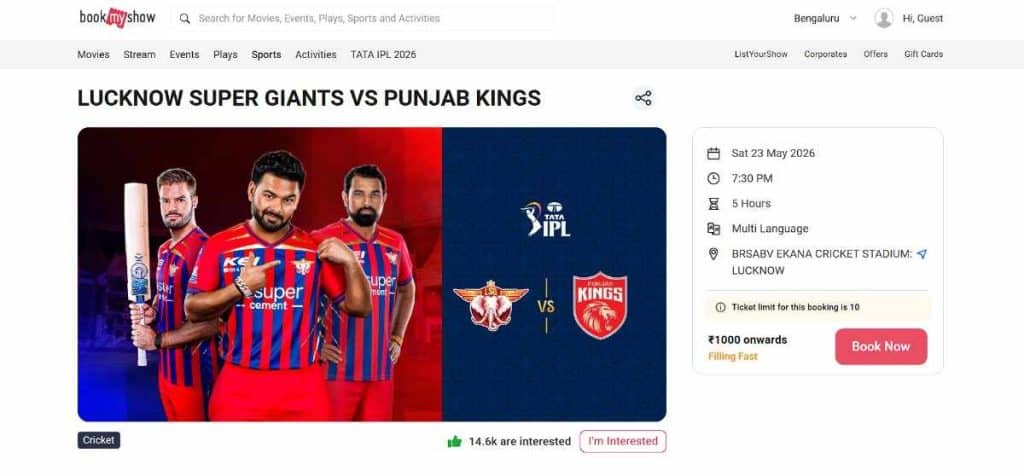 Step 1: LSG vs PBKS IPL 2026 Match 68 Ticket Boking Guide