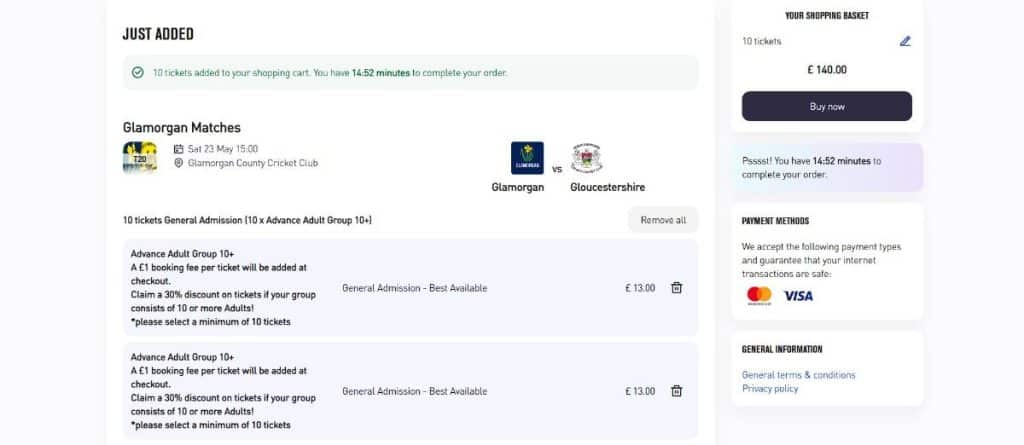 Review the match details, ticket type, and total cost