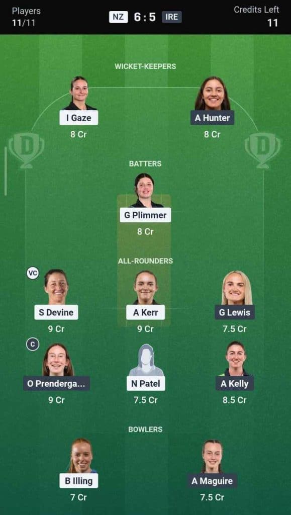 Dream11 Team for NZ-W vs IRE-W Dream11 Team for NZ-W vs IRE-W