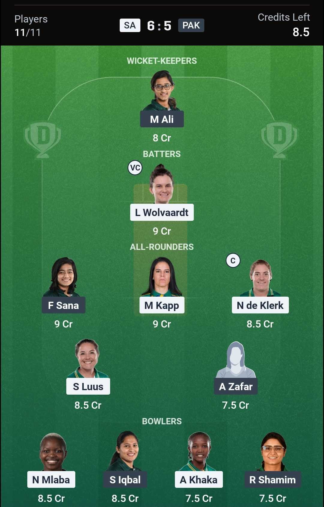 Our Dream11 Team Recommendation for SA-W vs PAK-W Our Dream11 Team Recommendation for SA-W vs PAK-W