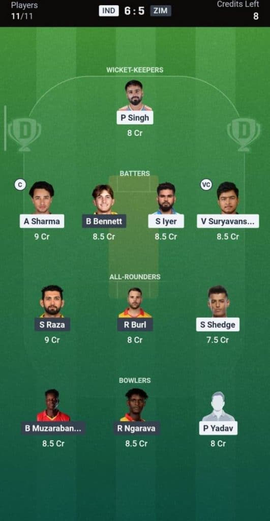 Dream11 Team for ZIM vs IND 1st T20I 2026 Dream11 Team for ZIM vs IND 1st T20I 2026