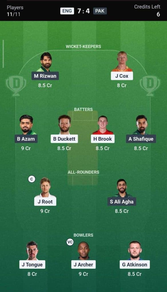 Dream11 Team for ENG vs PAK 1st Test 2026 Dream11 Team for ENG vs PAK 1st Test 2026